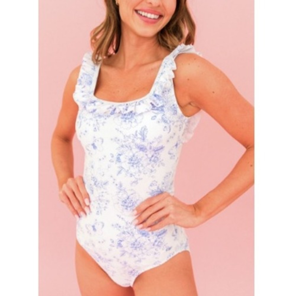 RuffleButts Women's Periwinkle Blue Butterfly Garden Toile Swimsuit Size M NWT